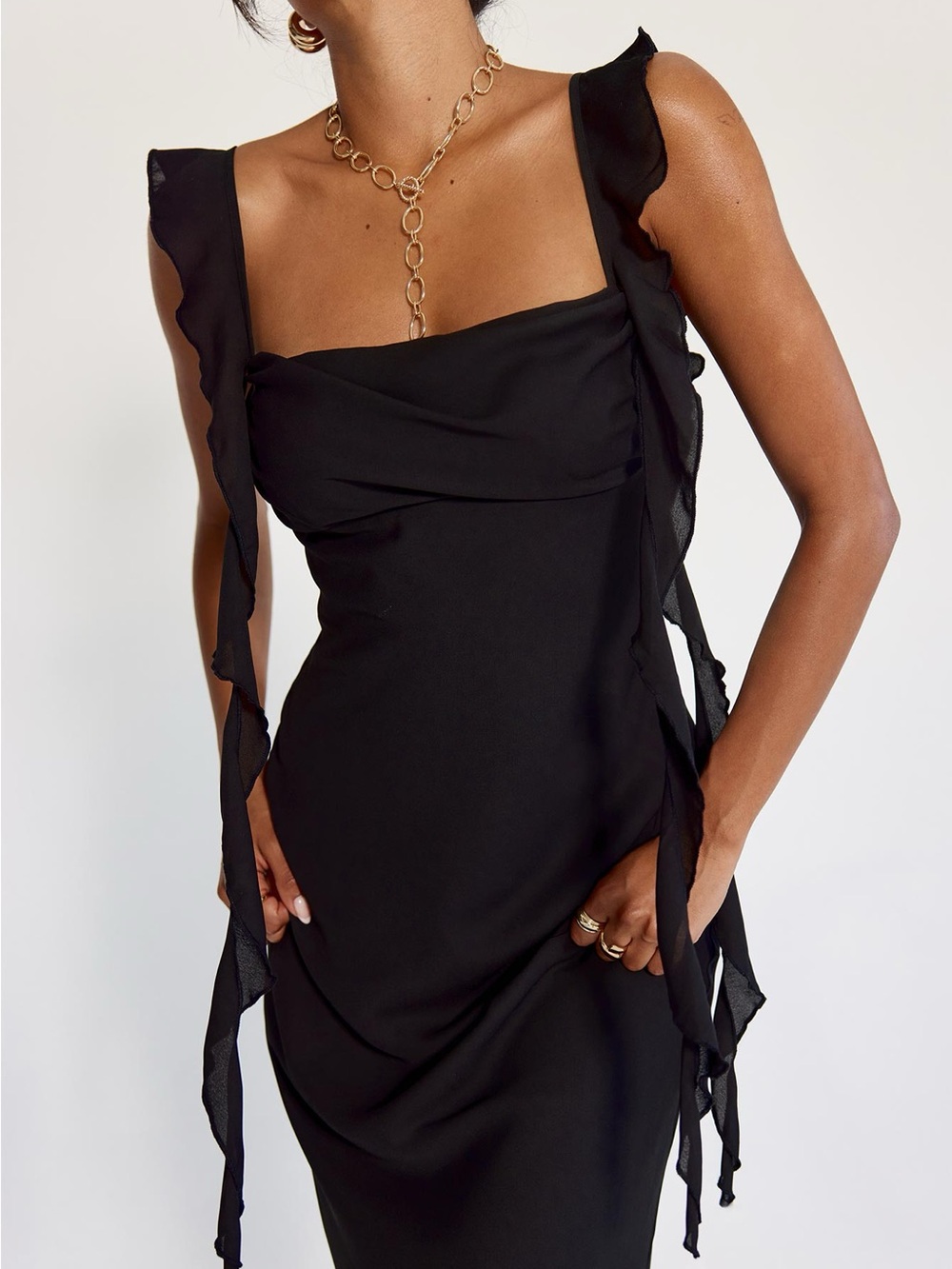 Princess Polly Black Ruffle Strap Midi Dress with Draped Bodice